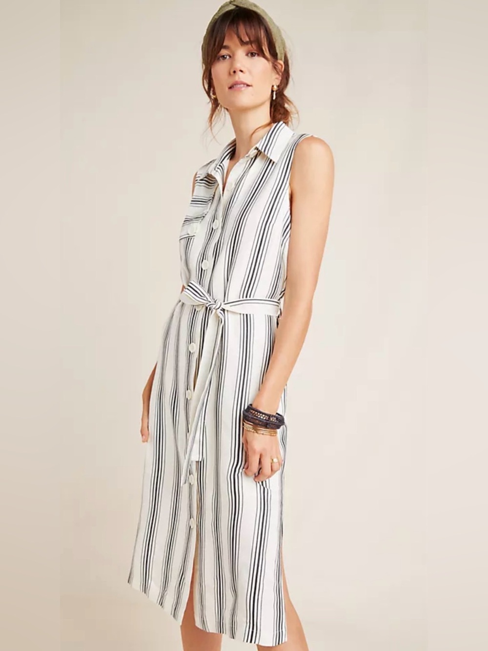 Anthropologie Maeve Esther Striped Shirt Dress Cream Black Indie Office Size 8